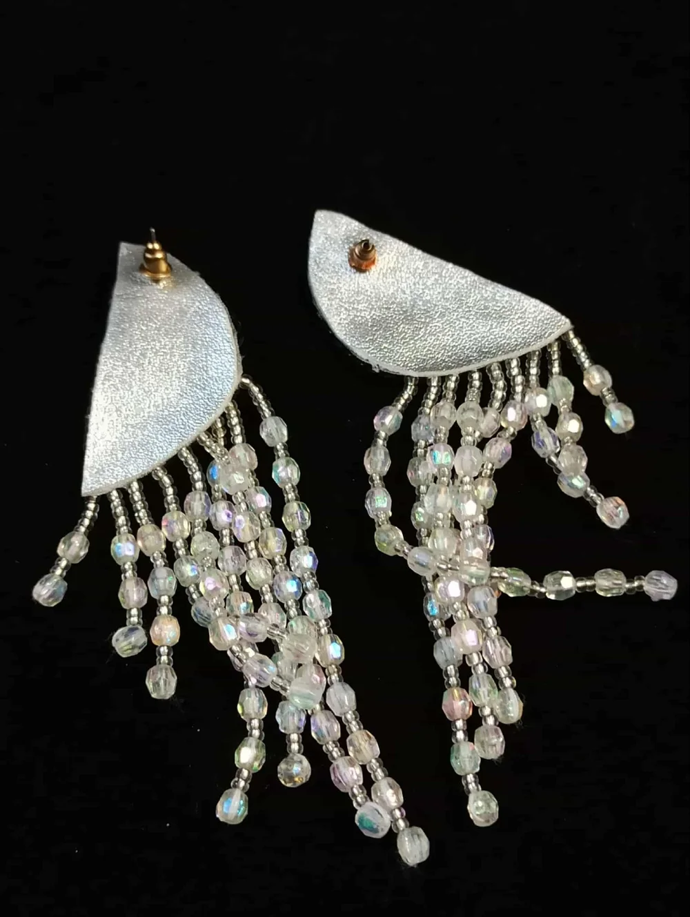 80's Black Sequin Beaded Fringe Earrings Dramatic Dangle Pierced